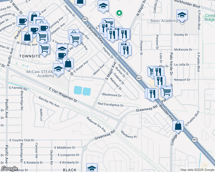 map of restaurants, bars, coffee shops, grocery stores, and more near 550 Karen Way in Henderson