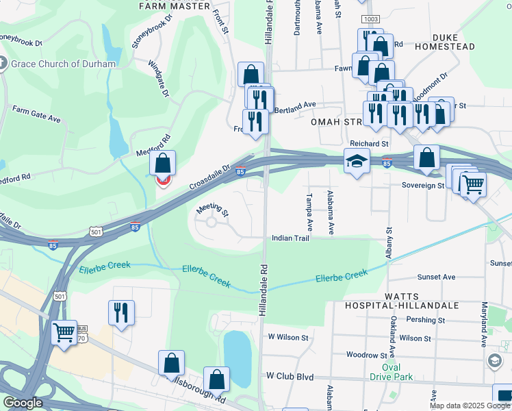 map of restaurants, bars, coffee shops, grocery stores, and more near 1724 Arrowhead Drive in Durham