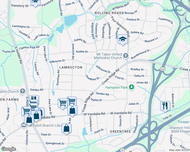 map of restaurants, bars, coffee shops, grocery stores, and more near 3 Chadbury Court in Greensboro
