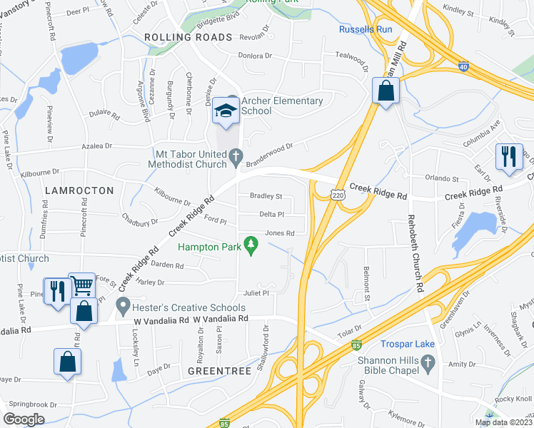 map of restaurants, bars, coffee shops, grocery stores, and more near Delta Place in Greensboro