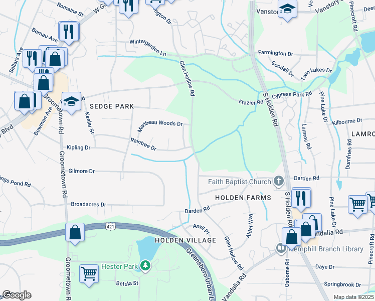 map of restaurants, bars, coffee shops, grocery stores, and more near 3801 Raintree Drive in Greensboro