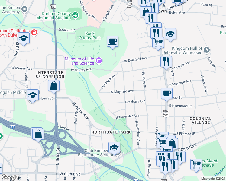 map of restaurants, bars, coffee shops, grocery stores, and more near 2801 Butner Street in Durham