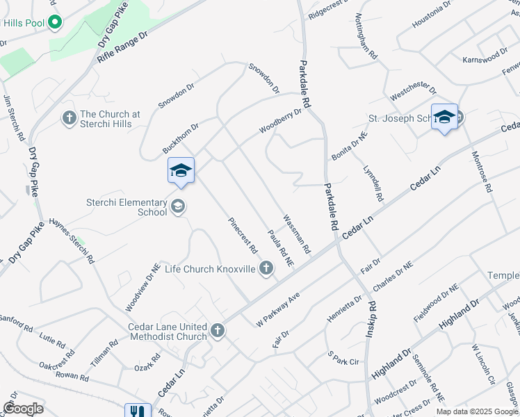 map of restaurants, bars, coffee shops, grocery stores, and more near 5608 Paula Road Northeast in Knoxville