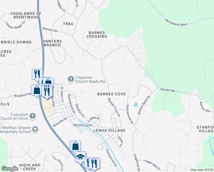 map of restaurants, bars, coffee shops, grocery stores, and more near 4060 Barnes Cove Drive in Nashville