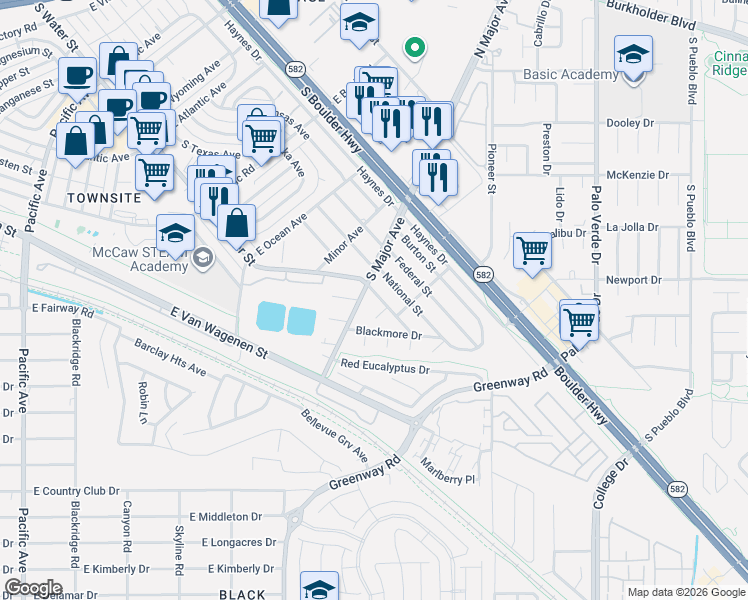 map of restaurants, bars, coffee shops, grocery stores, and more near 550 Karen Way in Henderson