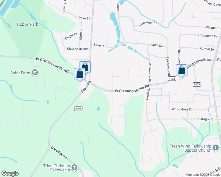 map of restaurants, bars, coffee shops, grocery stores, and more near 4160 Audrey Street in Winston-Salem
