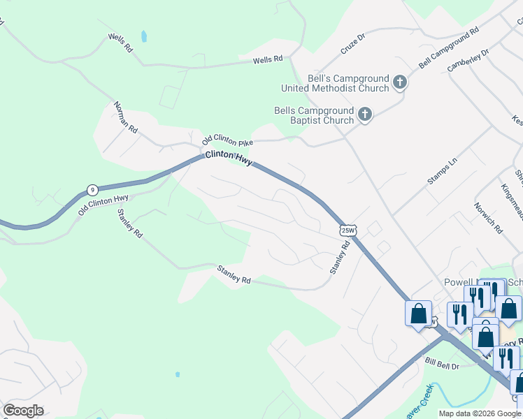 map of restaurants, bars, coffee shops, grocery stores, and more near 7804 Stanley Road in Powell