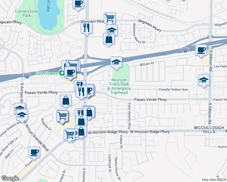 map of restaurants, bars, coffee shops, grocery stores, and more near 50 Morning Mimosa Court in Henderson