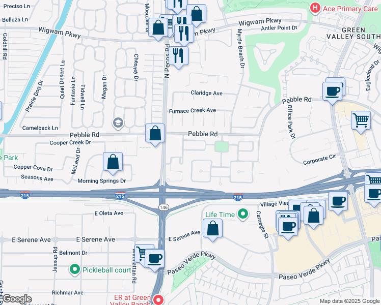 map of restaurants, bars, coffee shops, grocery stores, and more near 2471 Vía De Cortona in Henderson