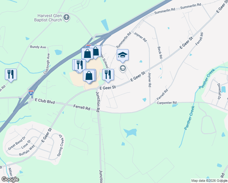map of restaurants, bars, coffee shops, grocery stores, and more near 2401-2415 East Geer Street in Durham