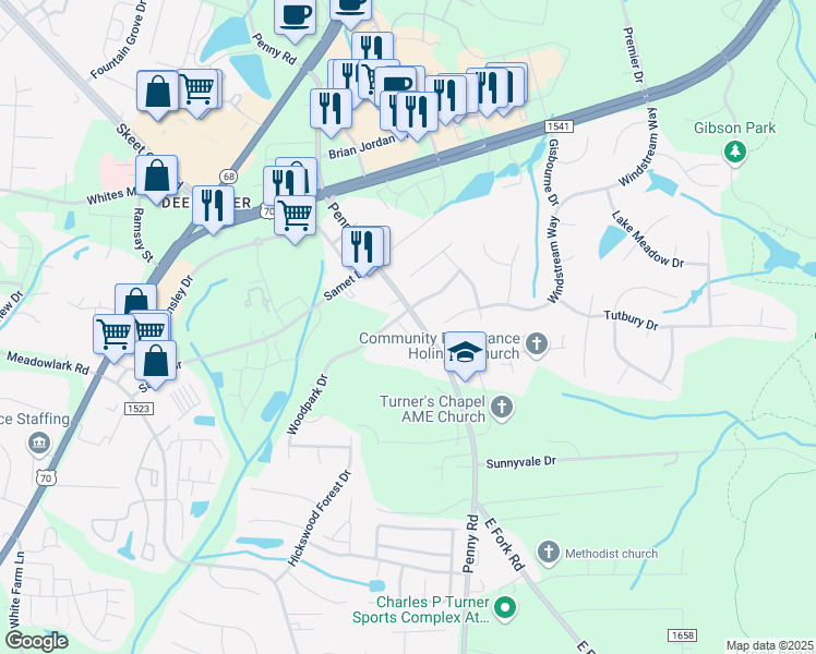 map of restaurants, bars, coffee shops, grocery stores, and more near 3554 Park Hill Crossing Drive in High Point