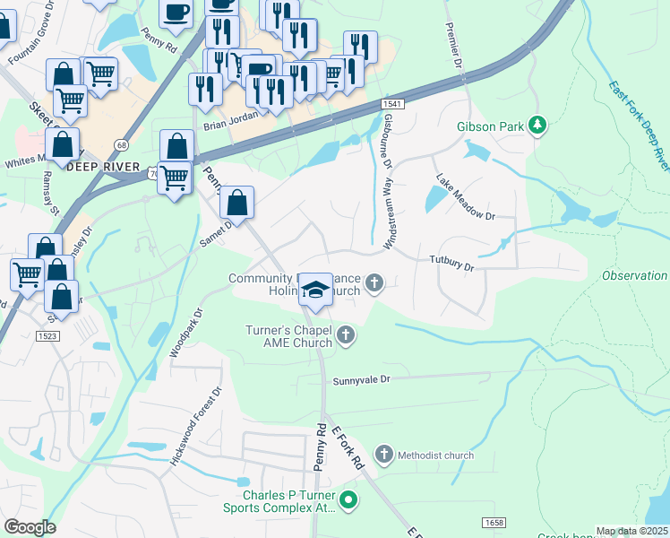 map of restaurants, bars, coffee shops, grocery stores, and more near 3702 Tuxford Lane in Jamestown
