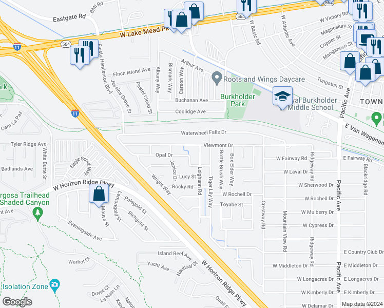 map of restaurants, bars, coffee shops, grocery stores, and more near 418 Opal Drive in Henderson