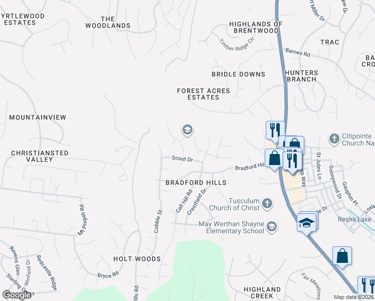 map of restaurants, bars, coffee shops, grocery stores, and more near 3041 Cody Hill Road in Nashville
