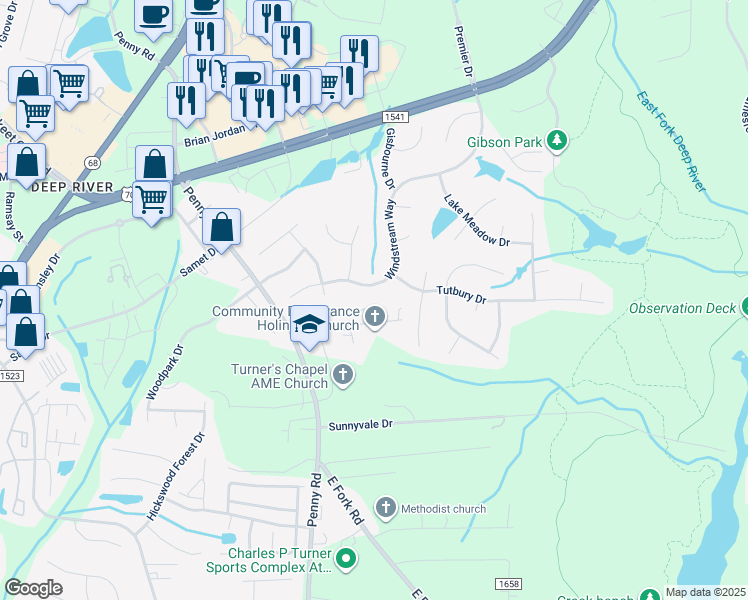 map of restaurants, bars, coffee shops, grocery stores, and more near 3780 Windstream Way in Jamestown