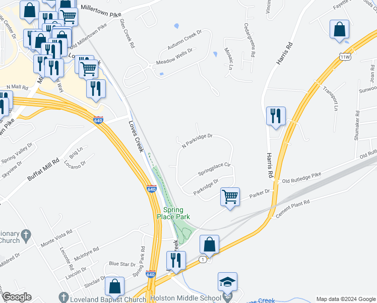 map of restaurants, bars, coffee shops, grocery stores, and more near 1520 Parkridge Drive in Knoxville