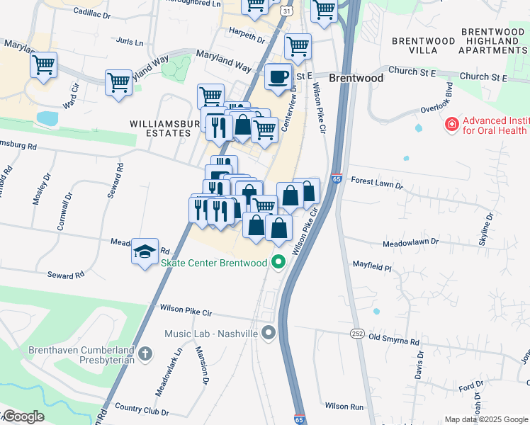map of restaurants, bars, coffee shops, grocery stores, and more near 400 Centerview Drive in Brentwood