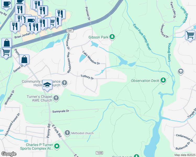 map of restaurants, bars, coffee shops, grocery stores, and more near 4022 Tutbury Drive in Jamestown