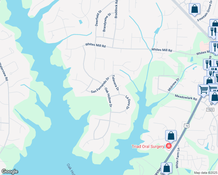 map of restaurants, bars, coffee shops, grocery stores, and more near 2004 San Fernando Drive in High Point