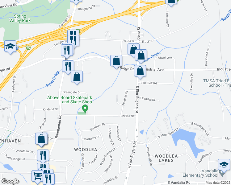 map of restaurants, bars, coffee shops, grocery stores, and more near 27 Fieldale Court in Greensboro