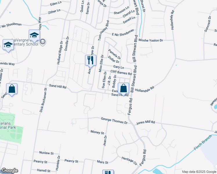 map of restaurants, bars, coffee shops, grocery stores, and more near J R Drive in La Vergne