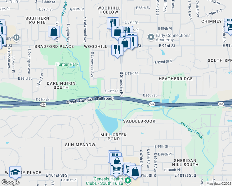 map of restaurants, bars, coffee shops, grocery stores, and more near 6418 East 94th Place in Tulsa