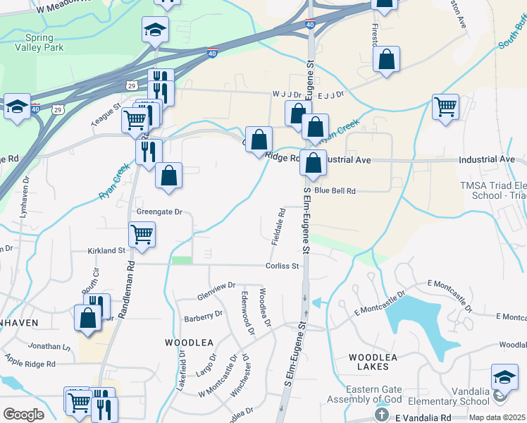 map of restaurants, bars, coffee shops, grocery stores, and more near 18 Fieldale Court in Greensboro