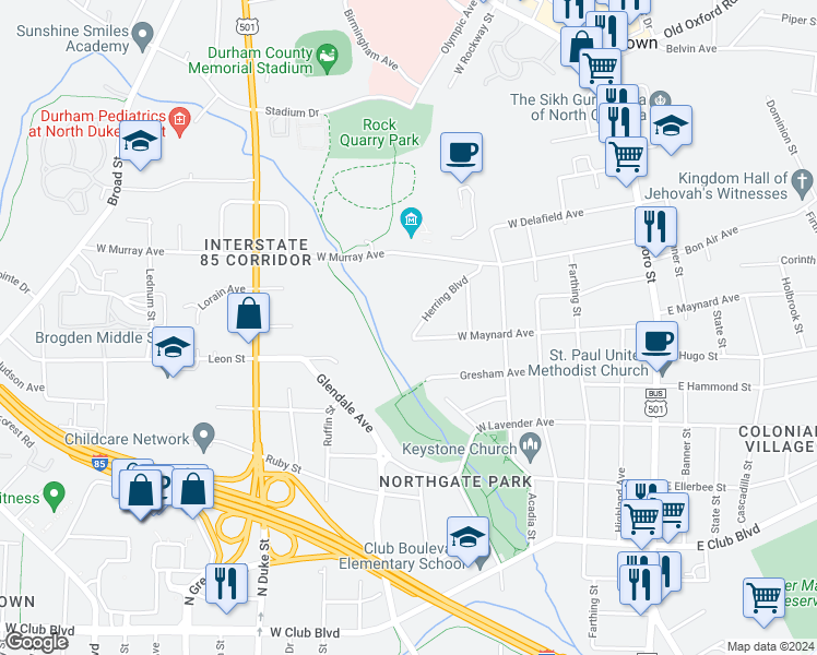 map of restaurants, bars, coffee shops, grocery stores, and more near 2805 Herring Boulevard in Durham