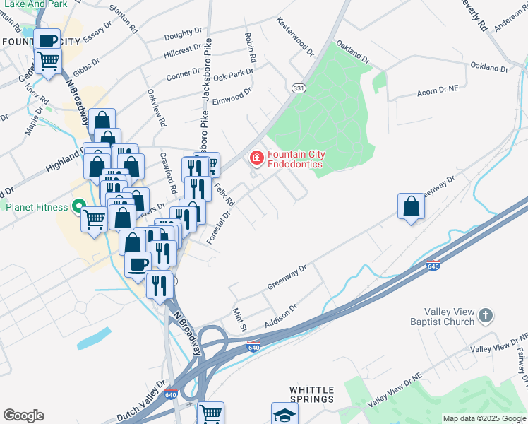 map of restaurants, bars, coffee shops, grocery stores, and more near 4718 Forest Landing Way in Knoxville