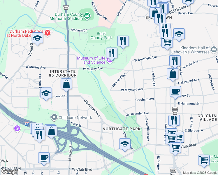 map of restaurants, bars, coffee shops, grocery stores, and more near 2805 Herring Boulevard in Durham