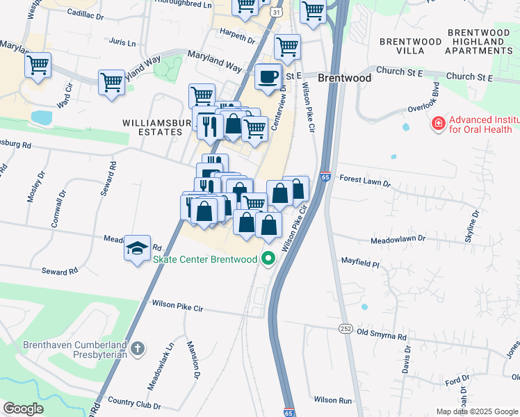 map of restaurants, bars, coffee shops, grocery stores, and more near 400 Centerview Drive in Brentwood