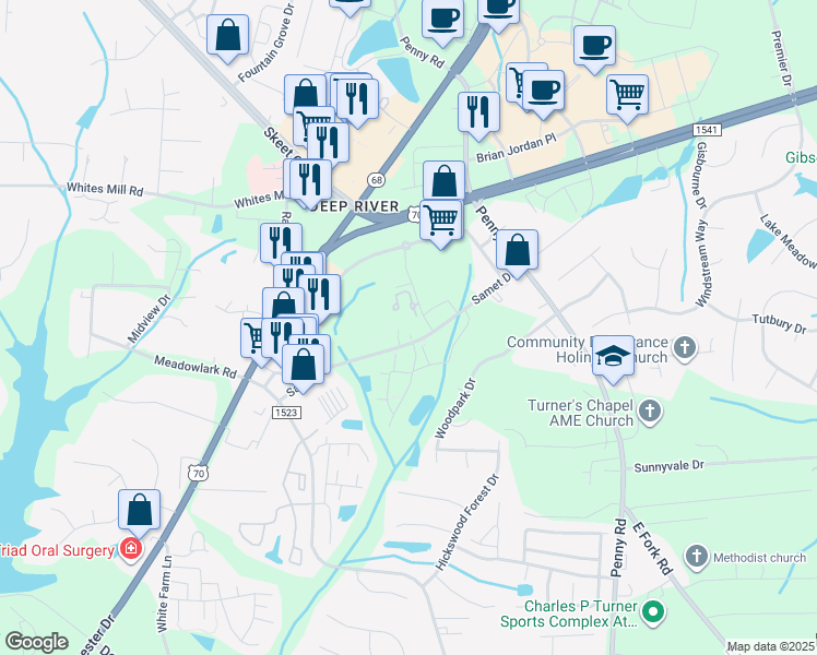 map of restaurants, bars, coffee shops, grocery stores, and more near 5085 Samet Drive in High Point