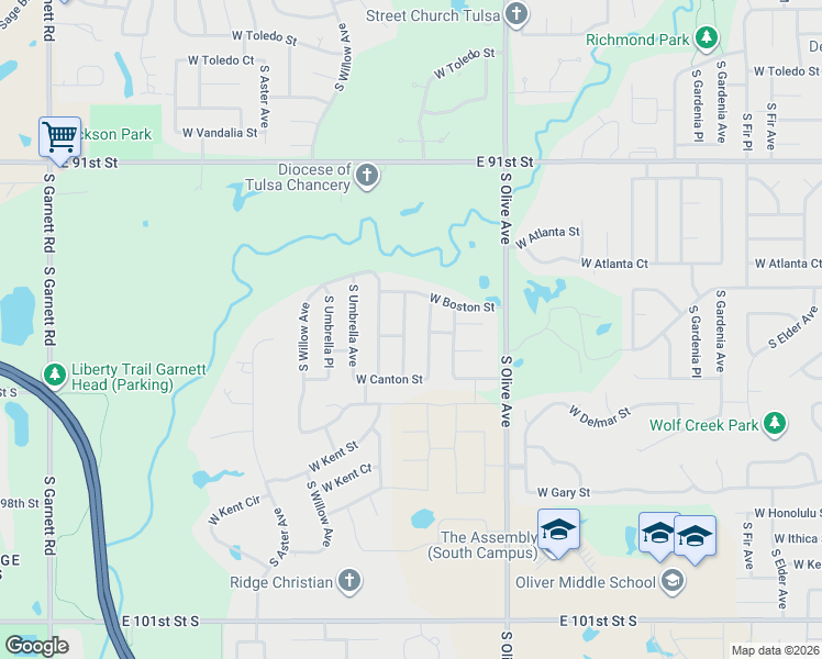 map of restaurants, bars, coffee shops, grocery stores, and more near 2410 South Redwood Place in Broken Arrow