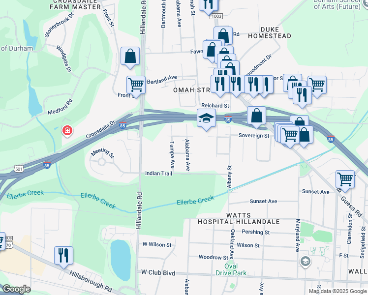 map of restaurants, bars, coffee shops, grocery stores, and more near 2303 Alabama Avenue in Durham