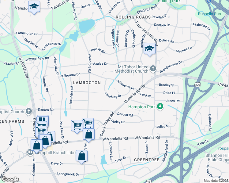 map of restaurants, bars, coffee shops, grocery stores, and more near 5 Chadbury Court in Greensboro