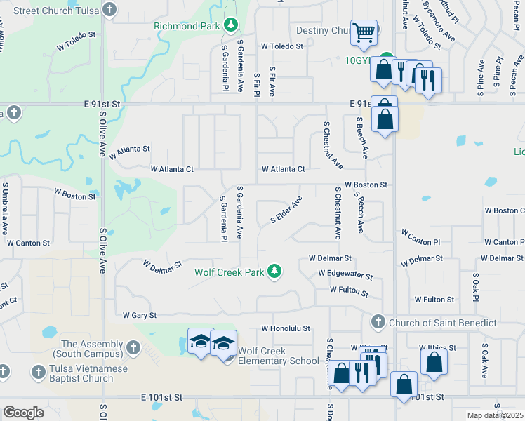 map of restaurants, bars, coffee shops, grocery stores, and more near 2619 West Boston Place in Broken Arrow