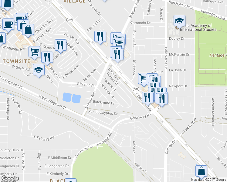 map of restaurants, bars, coffee shops, grocery stores, and more near 581 Federal Street in Henderson