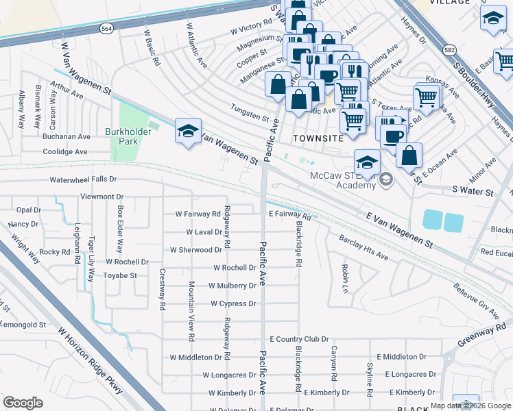 map of restaurants, bars, coffee shops, grocery stores, and more near 119 East Van Wagenen Street in Henderson