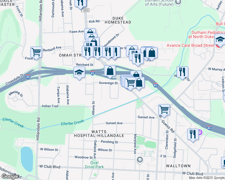 map of restaurants, bars, coffee shops, grocery stores, and more near 2026 Walnut Street in Durham