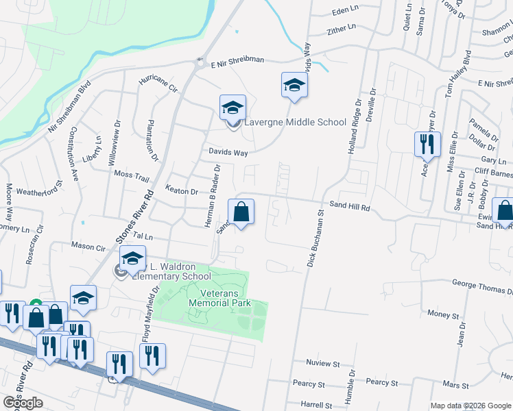 map of restaurants, bars, coffee shops, grocery stores, and more near 378 Sandhill Road in La Vergne