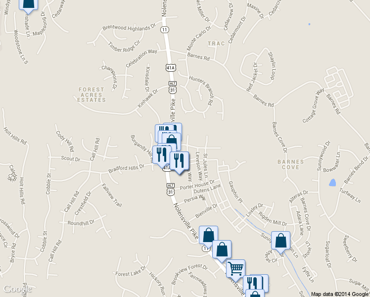 map of restaurants, bars, coffee shops, grocery stores, and more near 7419 Lords Chapel Drive in Nashville