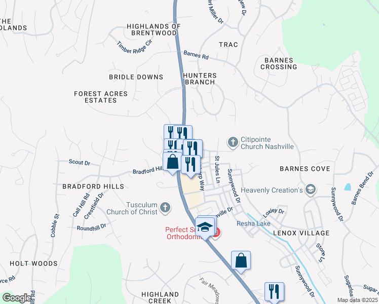 map of restaurants, bars, coffee shops, grocery stores, and more near 7419 Lords Chapel Drive in Nashville