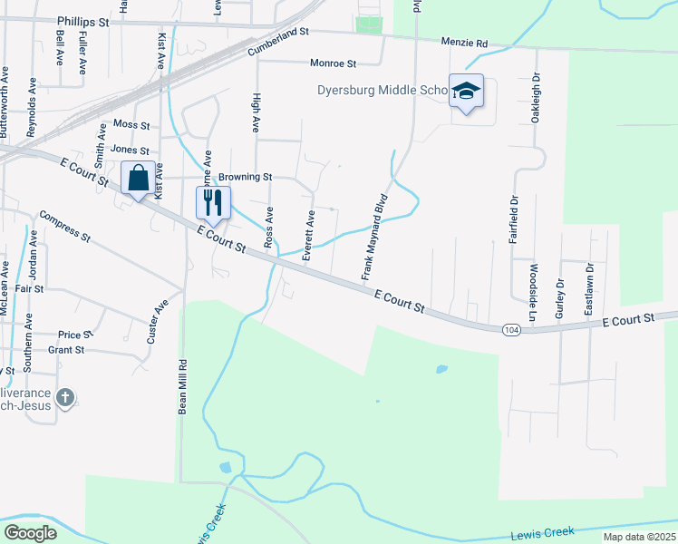 map of restaurants, bars, coffee shops, grocery stores, and more near 2040 East Court Street in Dyersburg