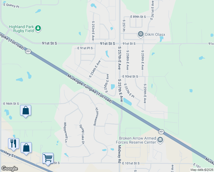 map of restaurants, bars, coffee shops, grocery stores, and more near 9338 South 255th East Avenue in Broken Arrow