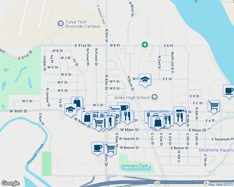 map of restaurants, bars, coffee shops, grocery stores, and more near 512 West E Street in Jenks