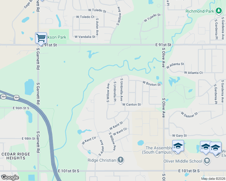 map of restaurants, bars, coffee shops, grocery stores, and more near 2417 South Willow Avenue in Broken Arrow