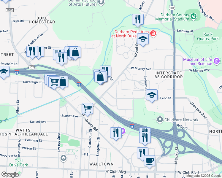 map of restaurants, bars, coffee shops, grocery stores, and more near 2008 Broad Street in Durham