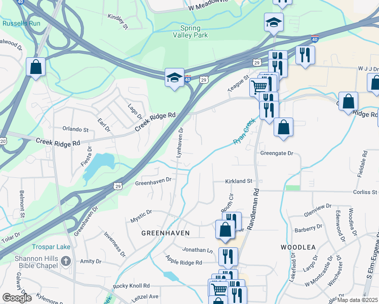 map of restaurants, bars, coffee shops, grocery stores, and more near 3531 Lynhaven Drive in Greensboro
