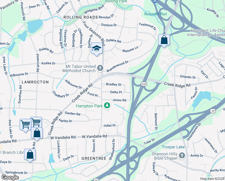 map of restaurants, bars, coffee shops, grocery stores, and more near 2228 Delta Place in Greensboro