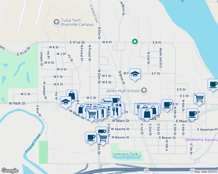 map of restaurants, bars, coffee shops, grocery stores, and more near 512 West E Street in Jenks
